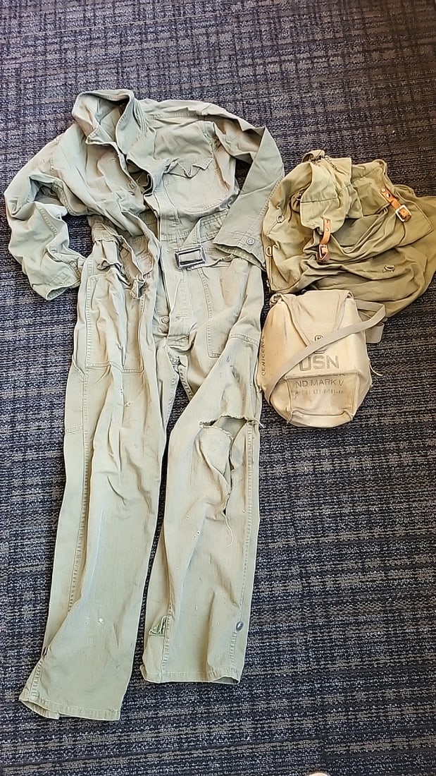 USN Mark V Canvas Shoulder Bag & Khaki HBT Military Coveralls Lot: Ripped knee 14x14x10 5 Low Estimate: 60.00 High Estimate: 225.00