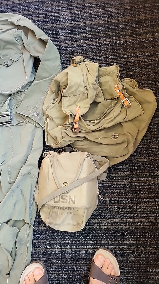 USN Mark V Canvas Shoulder Bag & Khaki HBT Military Coveralls Lot - 2