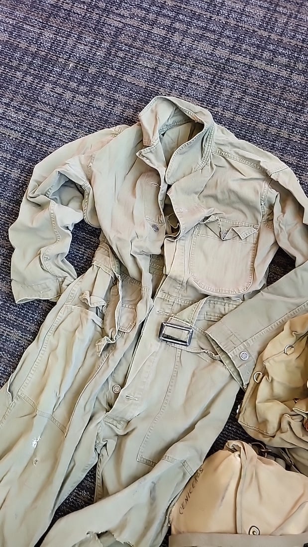USN Mark V Canvas Shoulder Bag & Khaki HBT Military Coveralls Lot - 3