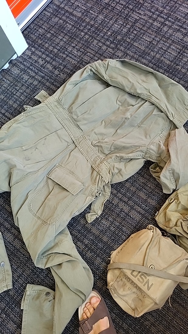 USN Mark V Canvas Shoulder Bag & Khaki HBT Military Coveralls Lot - 6