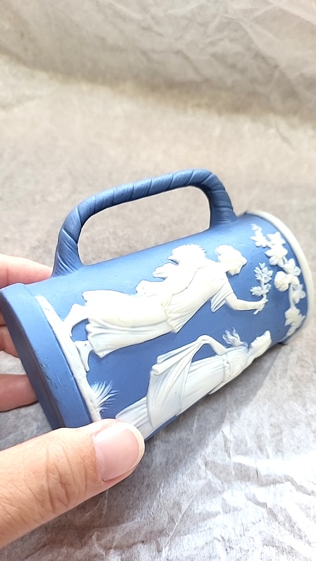 Blue Jasperware Creamer Pitcher with White Classical Relief Figures - 7