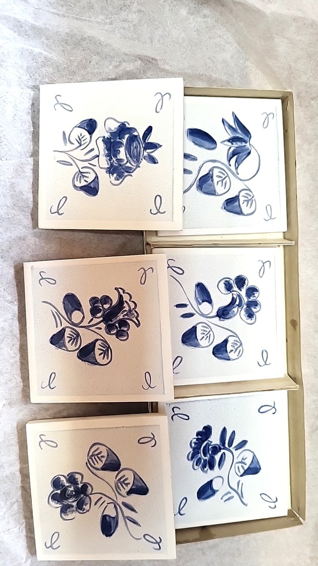 Denmark Hand-Painted Blue Floral Ceramic Cork-Back Coasters, Set of 6: In original box 3 x 3 x .25 2 lb Low Estimate: 8.00 High Estimate: 25.00
