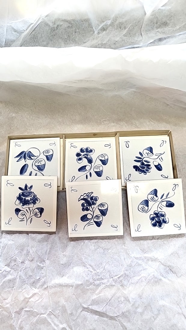Denmark Hand-Painted Blue Floral Ceramic Cork-Back Coasters, Set of 6 - 2