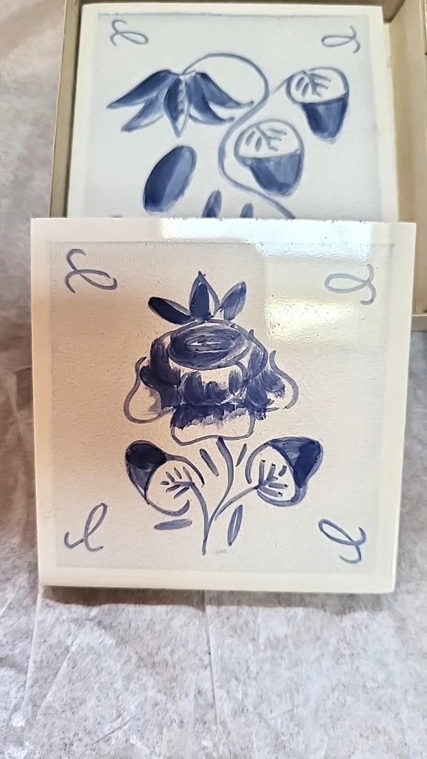 Denmark Hand-Painted Blue Floral Ceramic Cork-Back Coasters, Set of 6 - 3