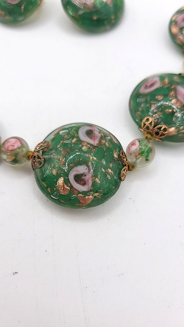 Vintage Bohemia Green Art Glass Bead Necklace Clip-On Earrings Set. Pink Floral Copper Fleck - 2