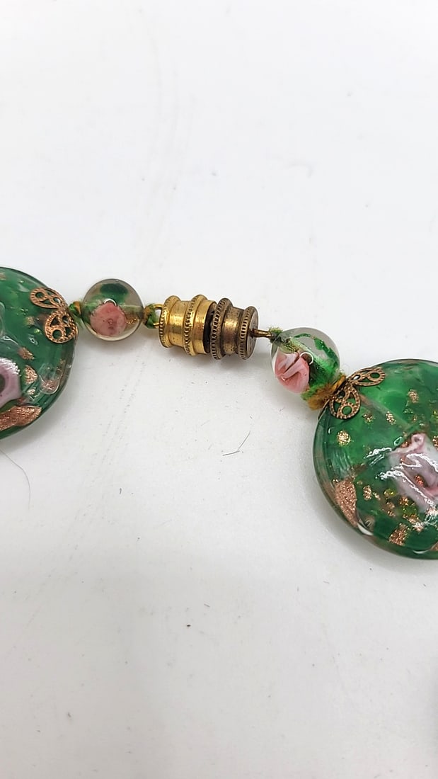 Vintage Bohemia Green Art Glass Bead Necklace Clip-On Earrings Set. Pink Floral Copper Fleck - 4