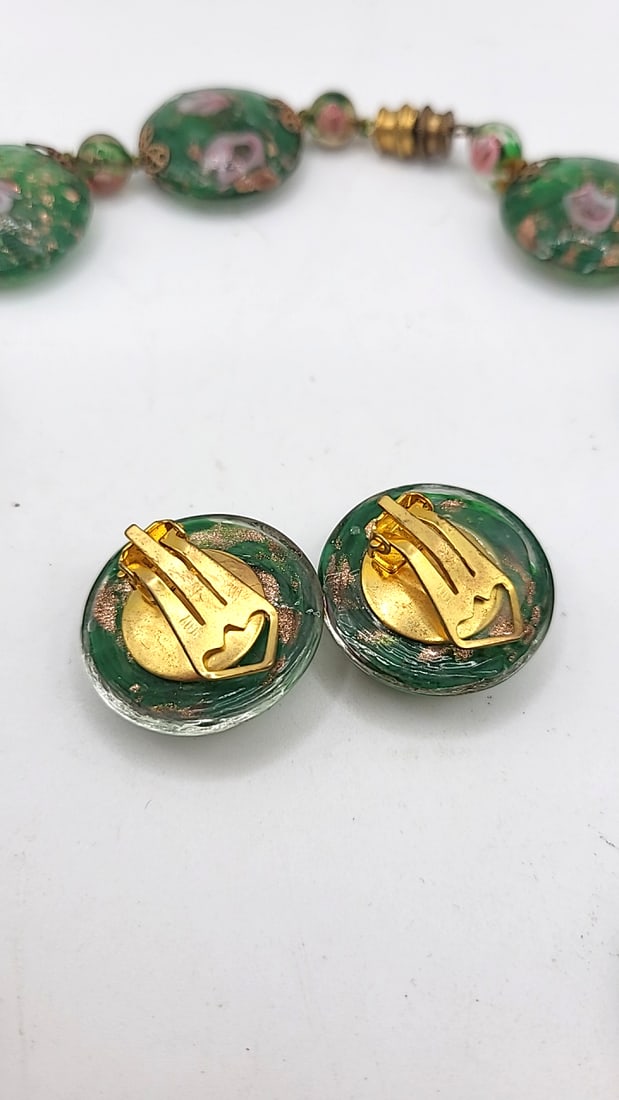 Vintage Bohemia Green Art Glass Bead Necklace Clip-On Earrings Set. Pink Floral Copper Fleck - 5