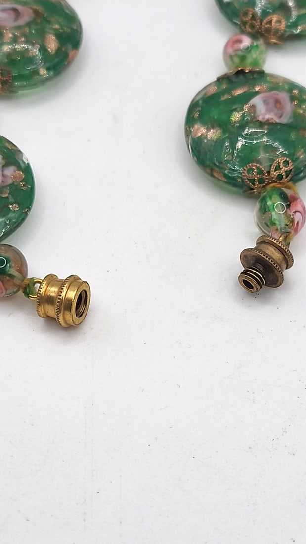 Vintage Bohemia Green Art Glass Bead Necklace Clip-On Earrings Set. Pink Floral Copper Fleck - 7