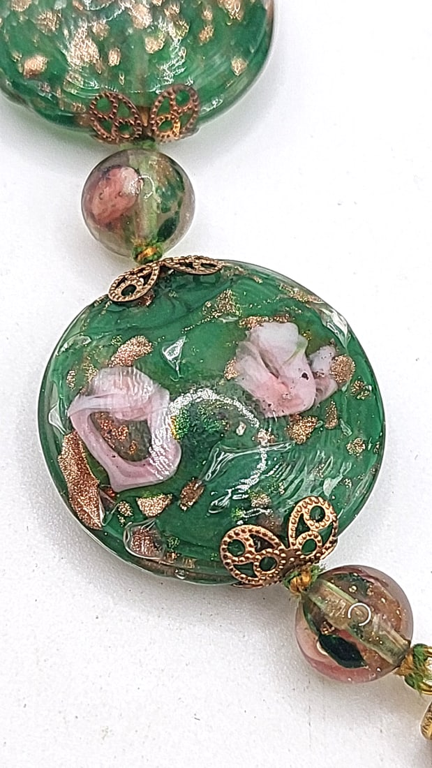 Vintage Bohemia Green Art Glass Bead Necklace Clip-On Earrings Set. Pink Floral Copper Fleck - 8