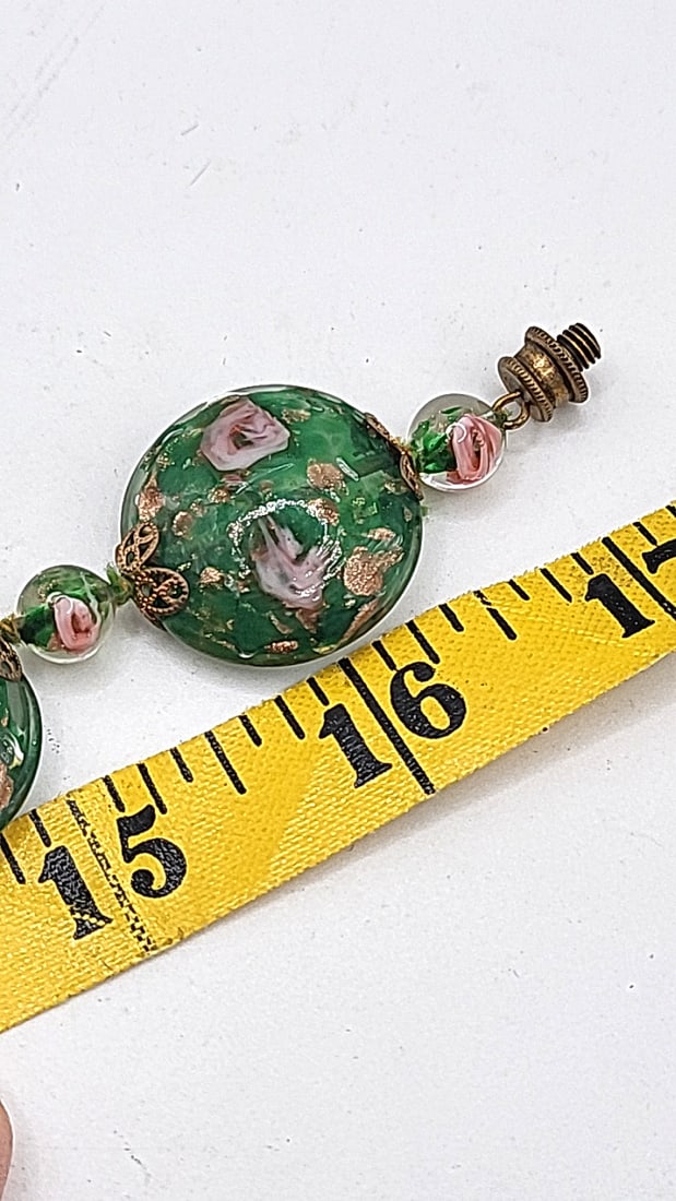 Vintage Bohemia Green Art Glass Bead Necklace Clip-On Earrings Set. Pink Floral Copper Fleck - 9
