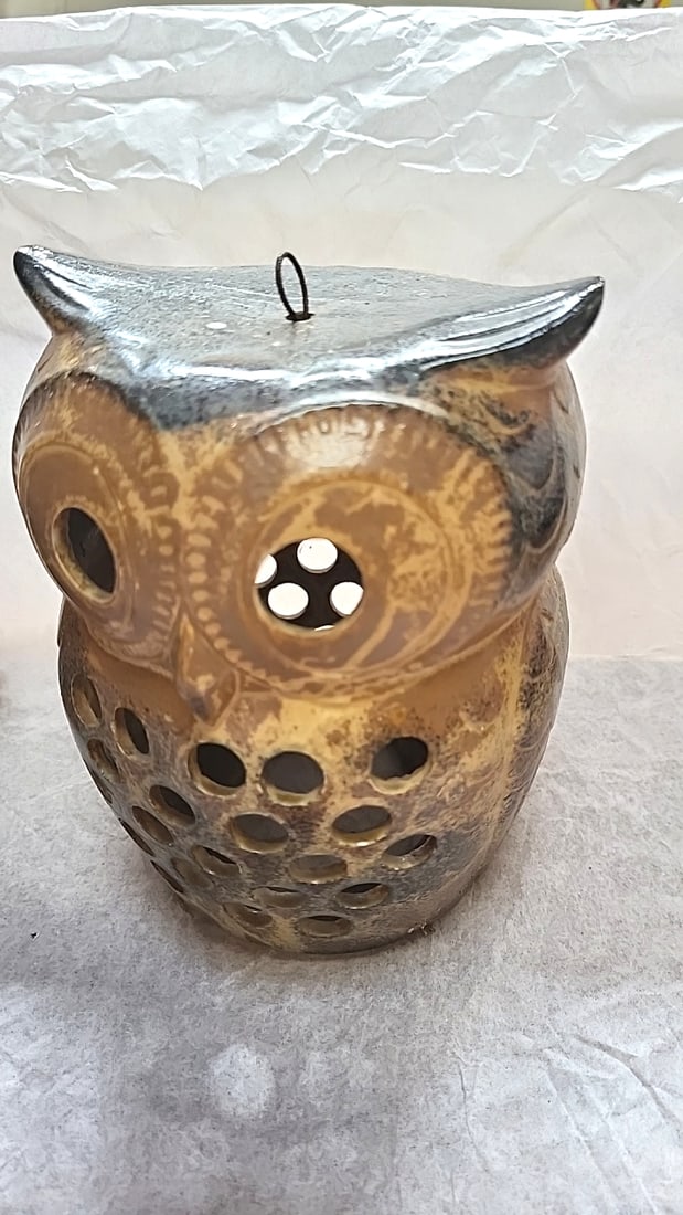 Vintage Japanese Ceramic Owl and Frog Hanging Luminary Candle Holders Set of 2 - 4