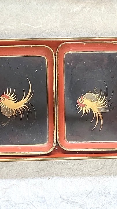 Made in Japan Lacquerware Nesting Serving Trays Red Black Gold Rooster Motif: Needs cleaning. Some light paint splatter 15x5x2 4lb Low Estimate: 12.00 High Estimate: 50.00