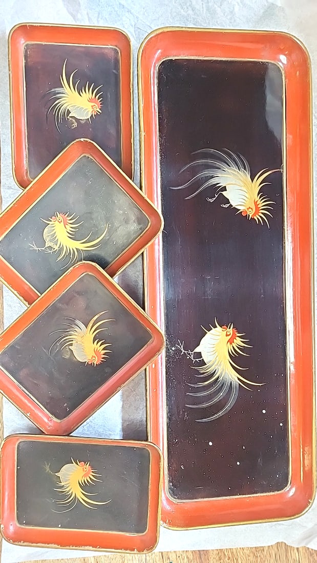 Made in Japan Lacquerware Nesting Serving Trays Red Black Gold Rooster Motif - 2