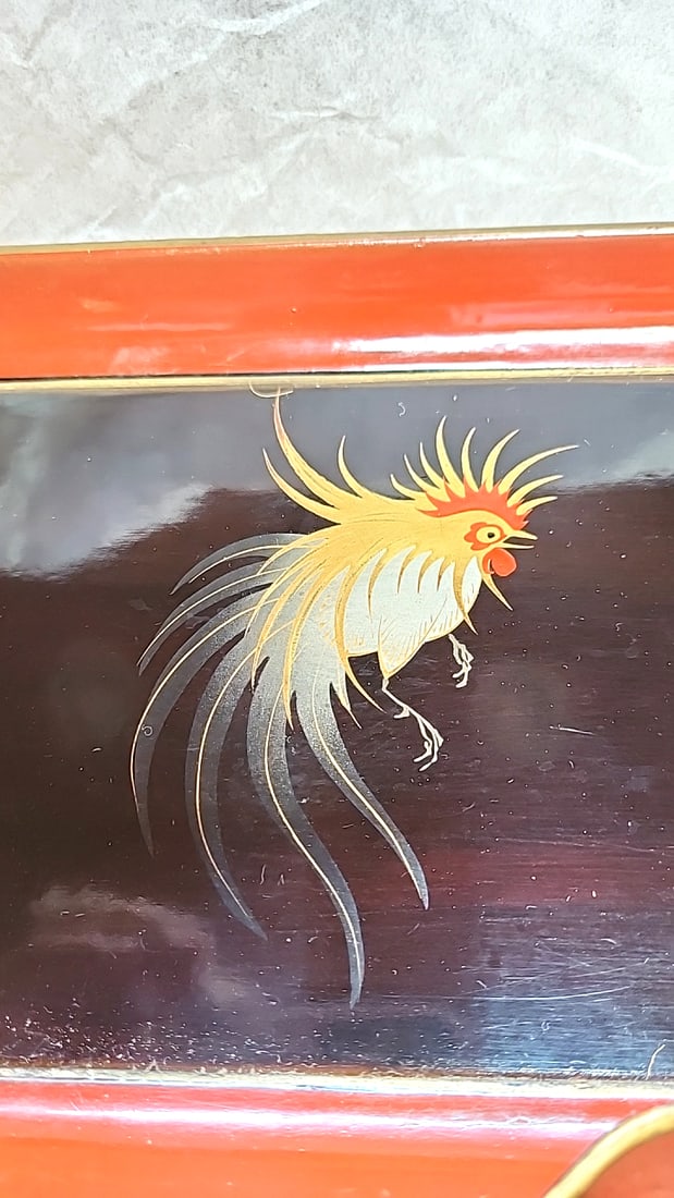 Made in Japan Lacquerware Nesting Serving Trays Red Black Gold Rooster Motif - 3