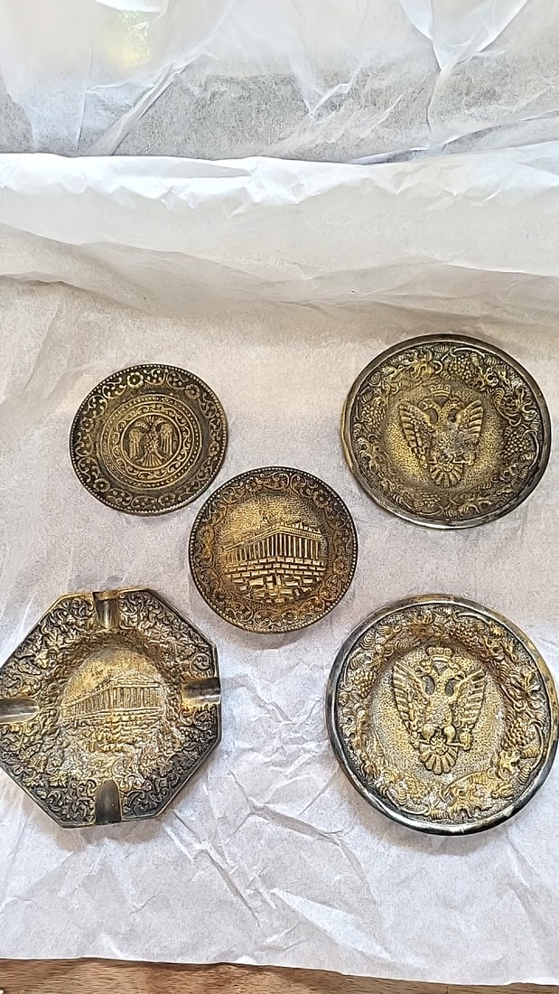 5-Piece Greek Brass Souvenir Ashtray and Dish Set, Parthenon & Double-Headed Eagle: 5x 5 x 1.5 3 lb Low Estimate: 15.00 High Estimate: 45.00