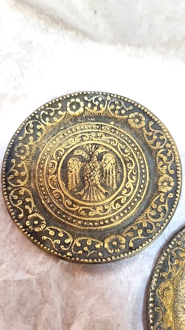 5-Piece Greek Brass Souvenir Ashtray and Dish Set, Parthenon & Double-Headed Eagle - 2
