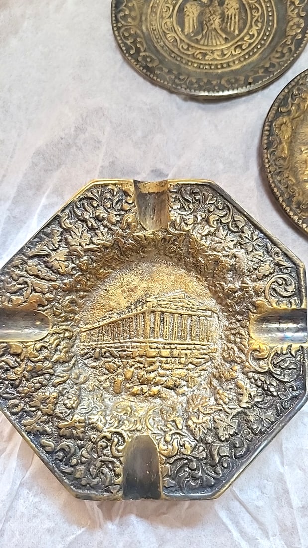 5-Piece Greek Brass Souvenir Ashtray and Dish Set, Parthenon & Double-Headed Eagle - 5