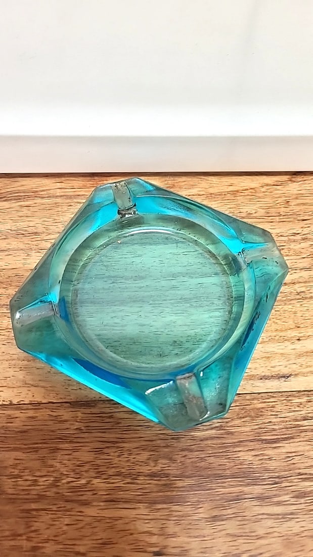 Lot of 3 Colored Glass Ashtrays Cobalt blue ceramic, Greek Parthenon pressed glass, teal blue g... - 6