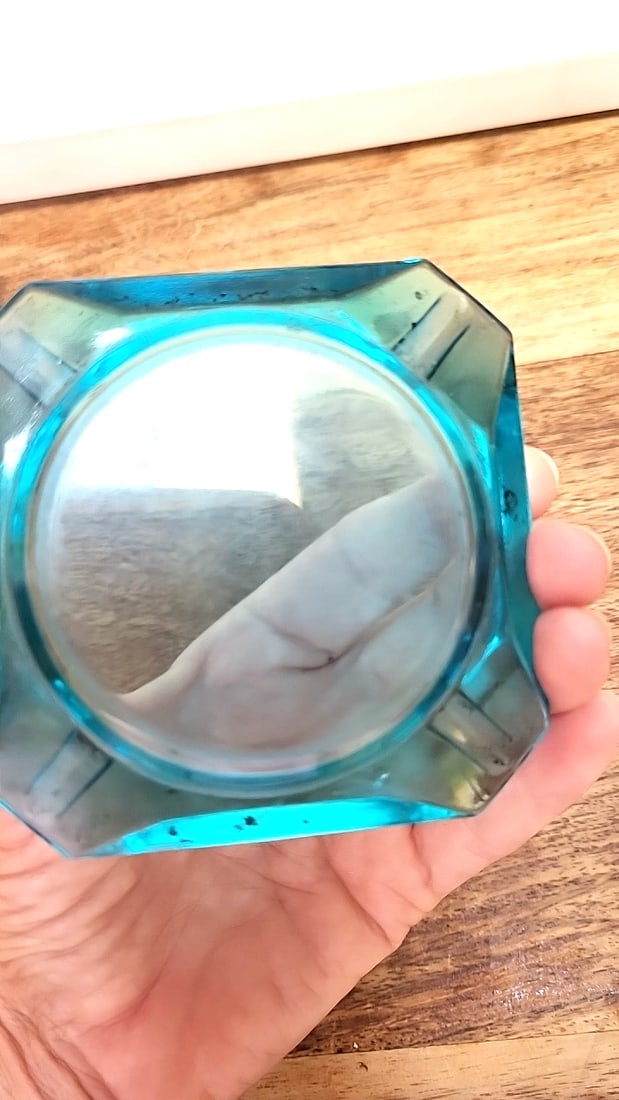 Lot of 3 Colored Glass Ashtrays Cobalt blue ceramic, Greek Parthenon pressed glass, teal blue g... - 7
