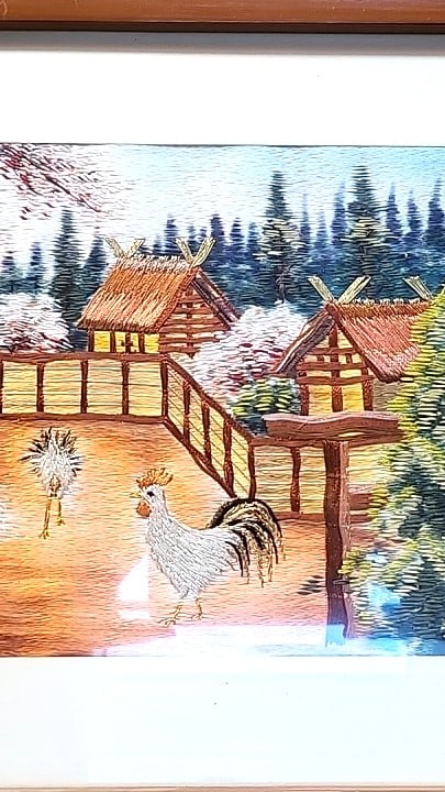 Vintage Japanese Silk Embroidered Rooster Village Landscape Panel: 16 x 20 x 1 4.5 lb Low Estimate: 30.00 High Estimate: 250.00