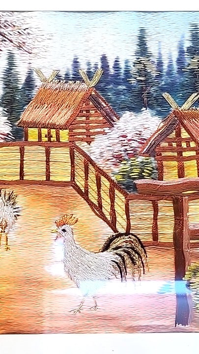 Vintage Japanese Silk Embroidered Rooster Village Landscape Panel - 2