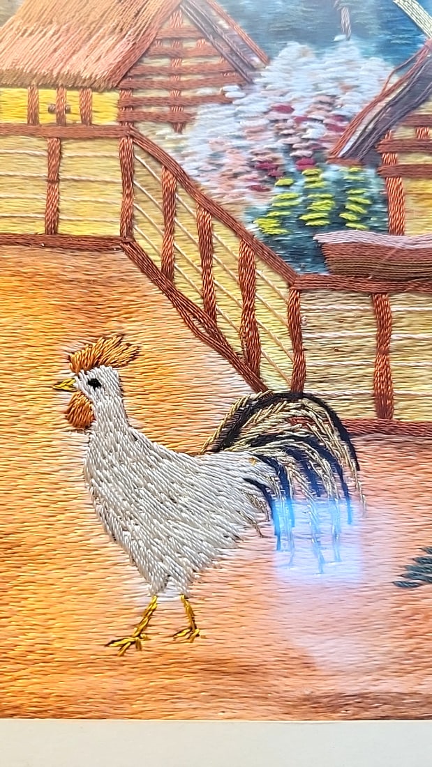 Vintage Japanese Silk Embroidered Rooster Village Landscape Panel - 3