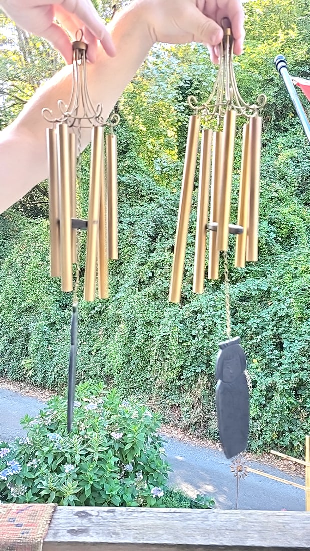 Pair of vintage Japanese wood and brass tubular wind chimes with Black Kokeshi Doll Windcatchers (1 of 10)