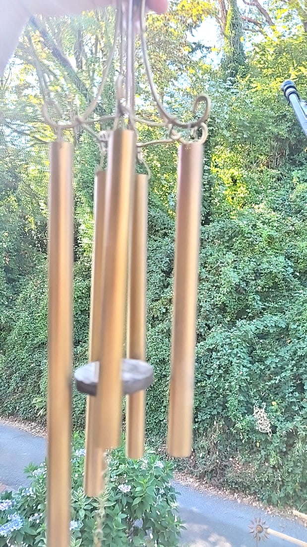 Pair of vintage Japanese wood and brass tubular wind chimes with Black Kokeshi Doll Windcatchers - 2
