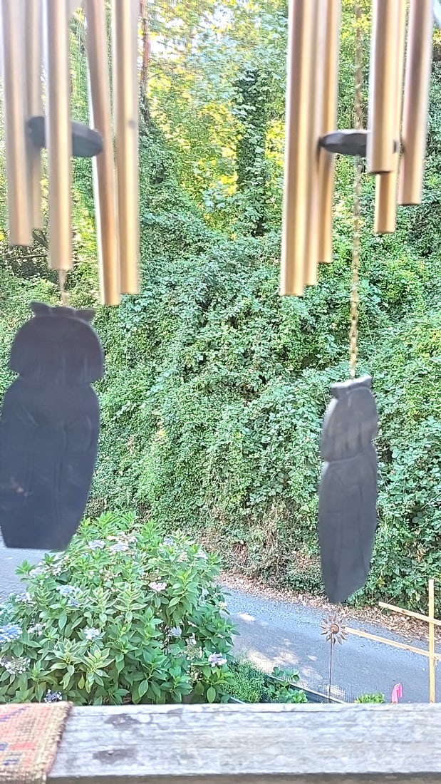 Pair of vintage Japanese wood and brass tubular wind chimes with Black Kokeshi Doll Windcatchers - 3