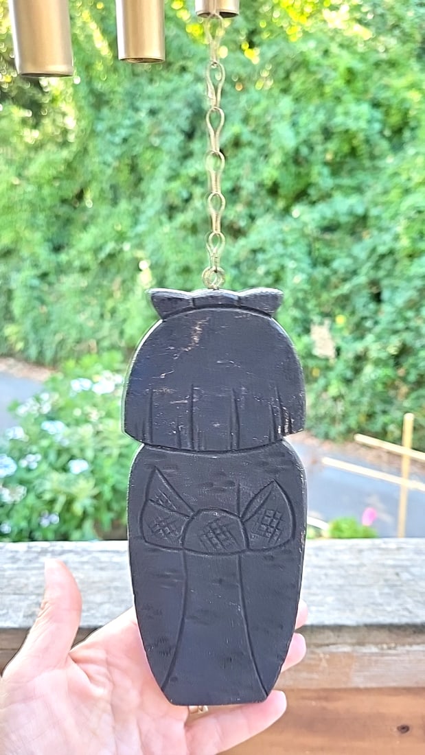 Pair of vintage Japanese wood and brass tubular wind chimes with Black Kokeshi Doll Windcatchers - 5