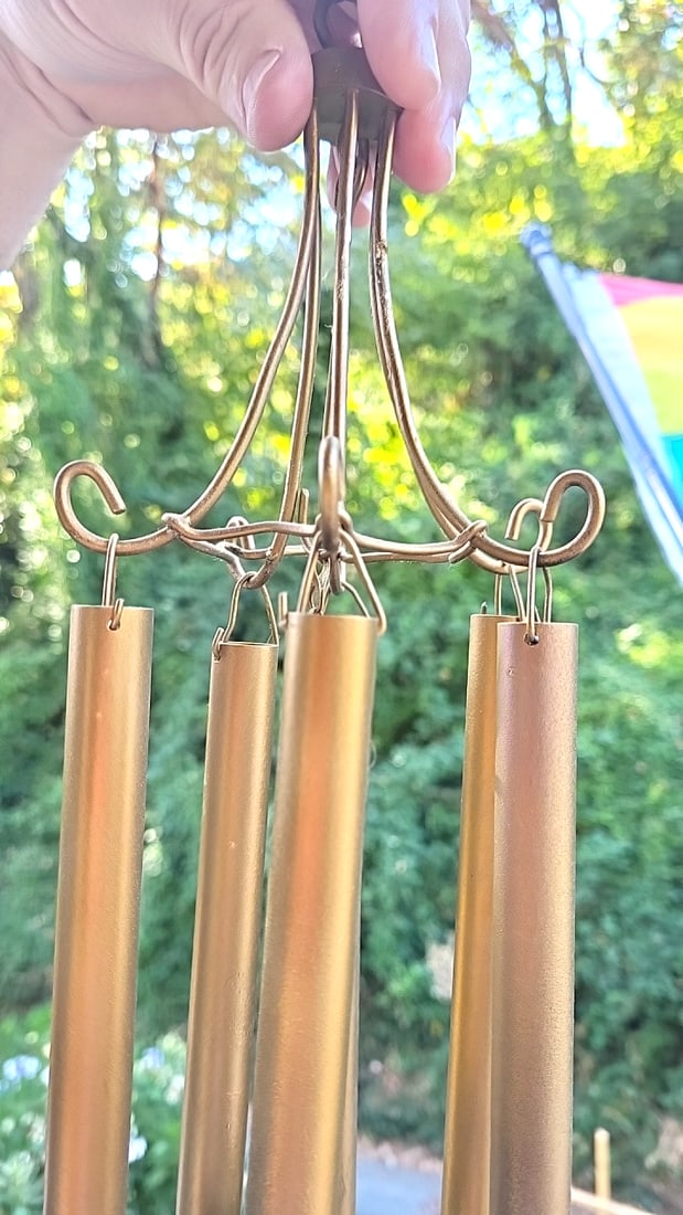 Pair of vintage Japanese wood and brass tubular wind chimes with Black Kokeshi Doll Windcatchers - 6