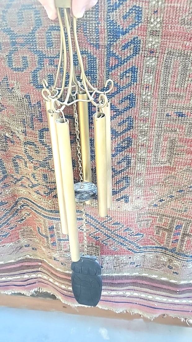 Pair of vintage Japanese wood and brass tubular wind chimes with Black Kokeshi Doll Windcatchers - 9