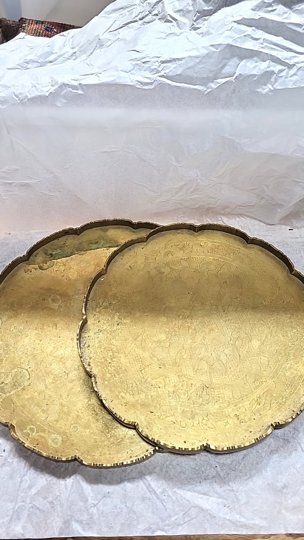 Pair of Engraved Brass Scalloped Floral Serving Trays. - 2