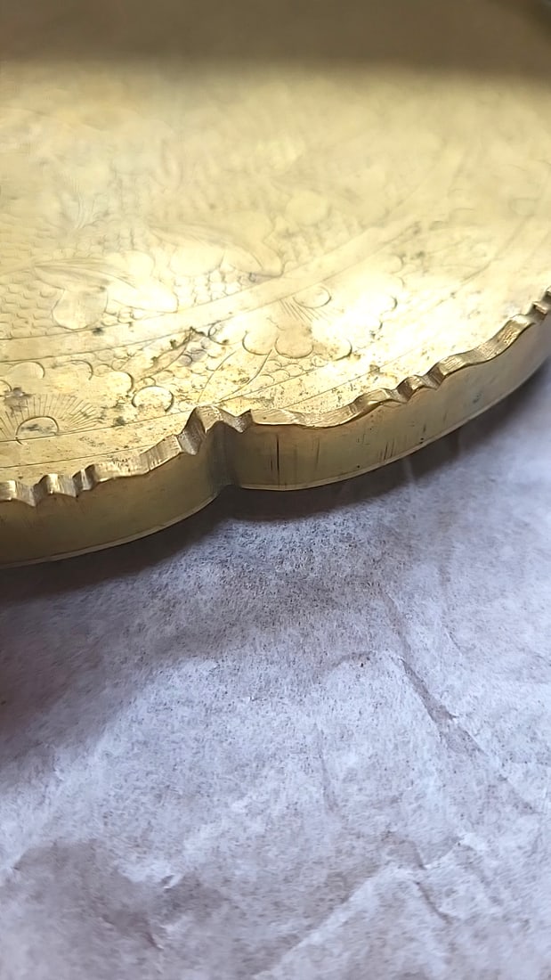 Pair of Engraved Brass Scalloped Floral Serving Trays. - 4