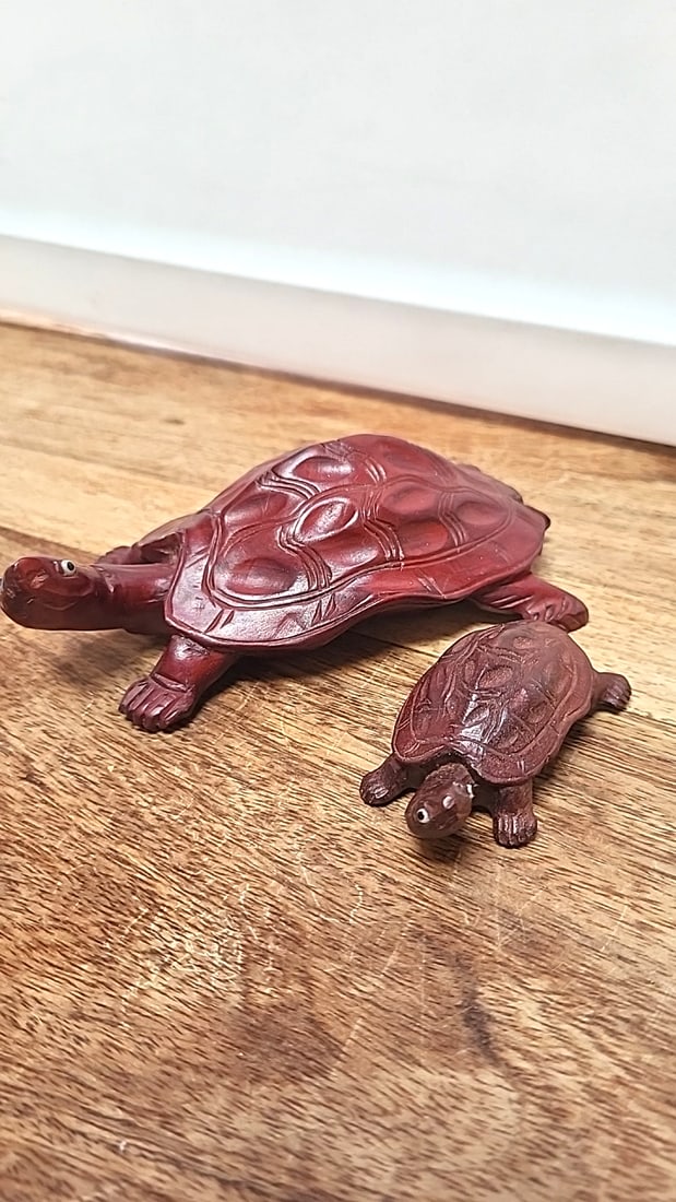 Pair of Chinese Carved ironwood Turtle Figurines with Carved Shell Detail - 2
