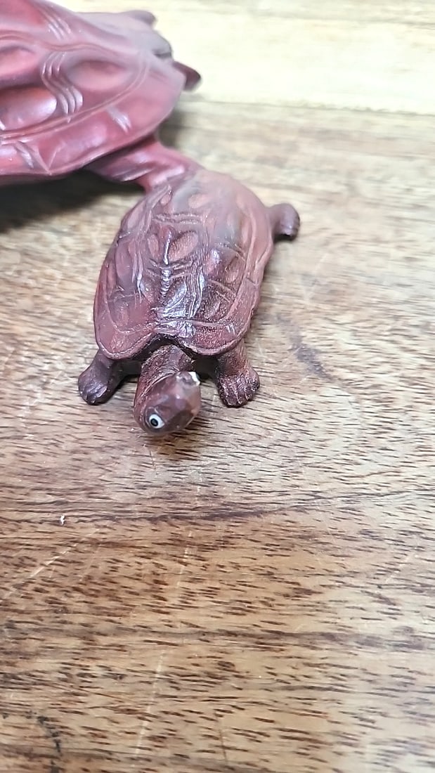 Pair of Chinese Carved ironwood Turtle Figurines with Carved Shell Detail - 4