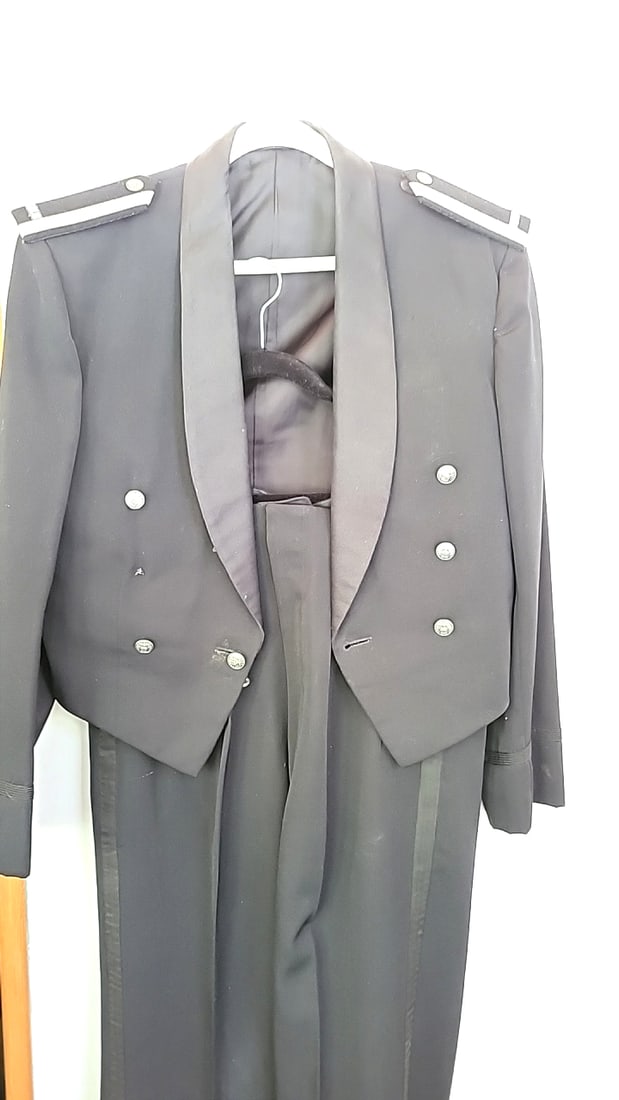 Vintage Far East Exchange Service Tailored in Tokyo Black Military Dress Uniform with Trousers, C...: Extra buttons enclosed Approximate ...Pants 40 long x 34 wide. Jacket shoulder to shoulder 19 inches. Arm 25. Collar to hem 25 Low Estimate: 35.00 High Estimate: 175.00