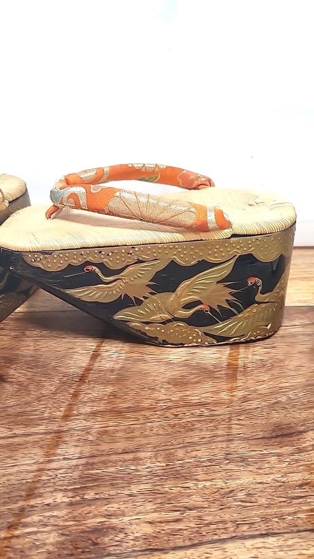 Japanese Lacquered Platform Geta Sandals, Crane Motif, Orange Brocade Straps - 3