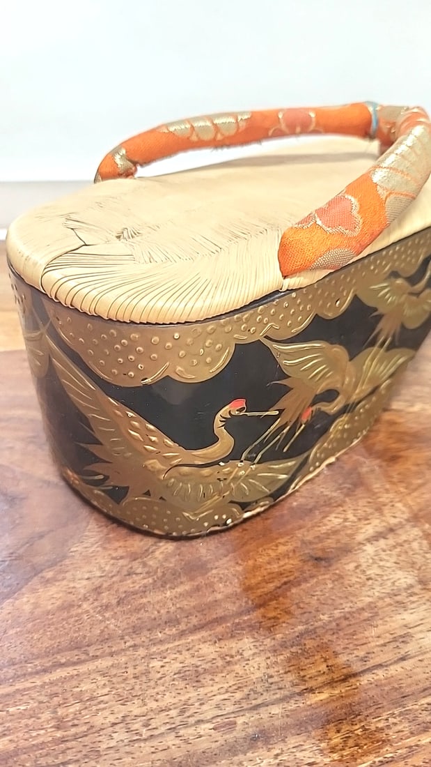 Japanese Lacquered Platform Geta Sandals, Crane Motif, Orange Brocade Straps - 6