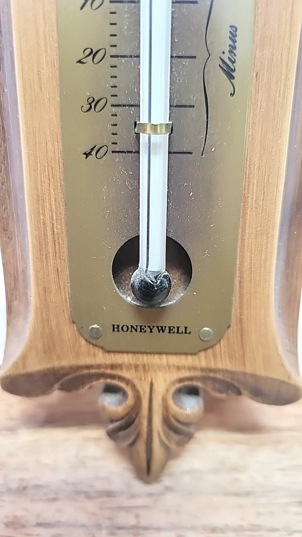 Honeywell Wood Wall Thermometer with Ornate Frame Made in USA - 2
