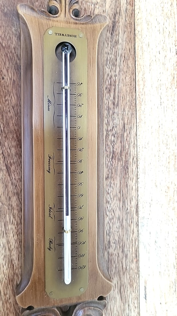 Honeywell Wood Wall Thermometer with Ornate Frame Made in USA - 6
