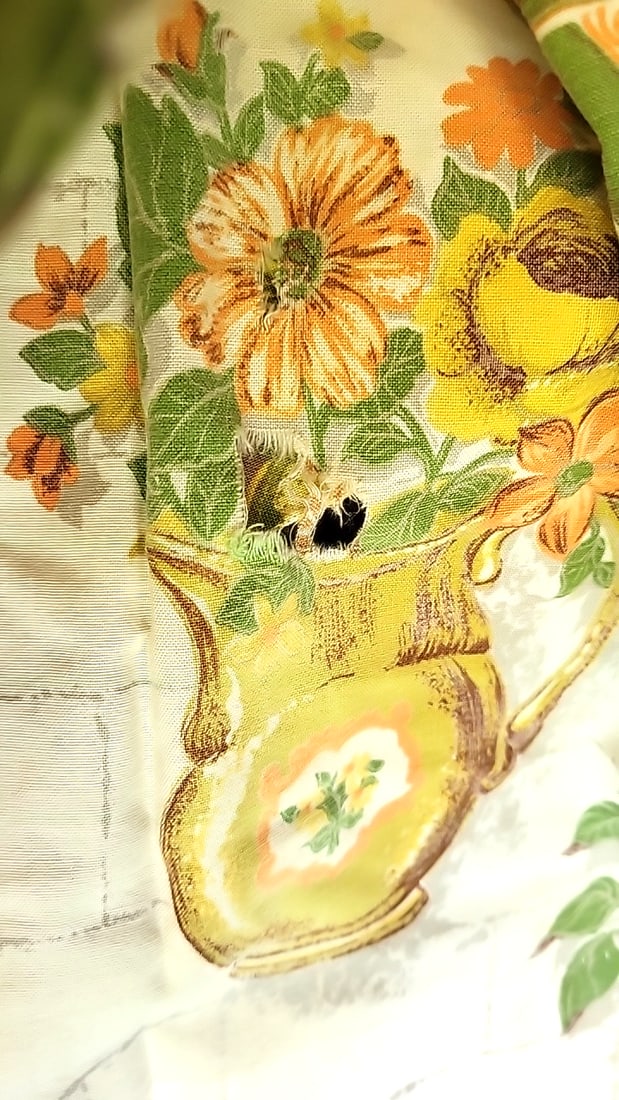 3 Kitchen Floral Fruit Teapot Print Fabric Curtains with Metal Grommets. One rod valence - 3