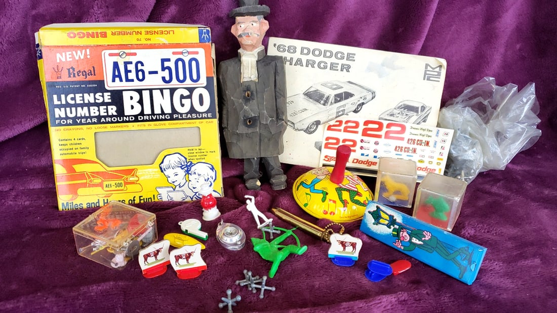 Vintage Toy Lot Regal License Number Bingo MPC 1968 Dodge Charger Model Kit Jacks Charms: 14x11x3 Low Estimate: 30.00 High Estimate: 250.00