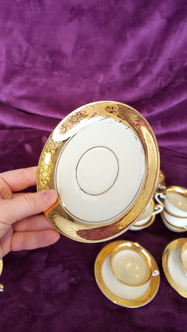 Porcelain Teacup and Saucer Set of 10, Kunst Kronach Japan White with Gold Floral Rim - 5