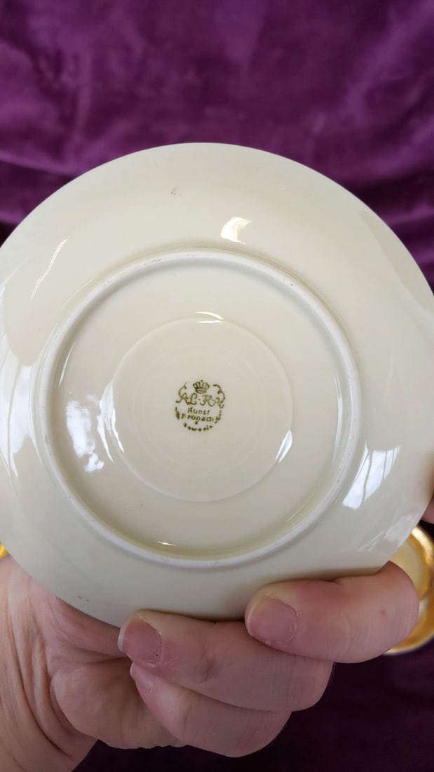 Porcelain Teacup and Saucer Set of 10, Kunst Kronach Japan White with Gold Floral Rim - 6
