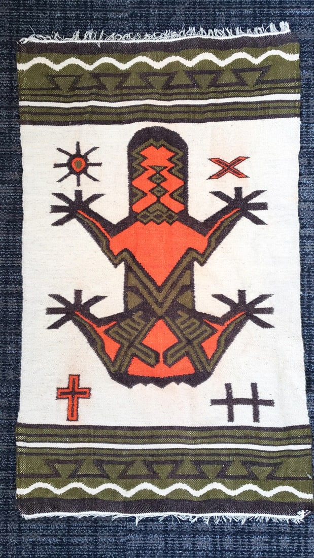 Woven Textile Tapestry Rug Orange Olive Black Frog Motif with Fringed Ends Colorbleed: 41x24 1lb Low Estimate: 10.00 High Estimate: 45.00