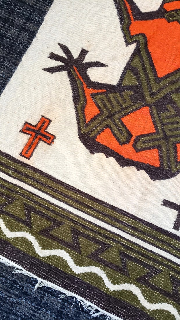 Woven Textile Tapestry Rug Orange Olive Black Frog Motif with Fringed Ends Colorbleed - 2