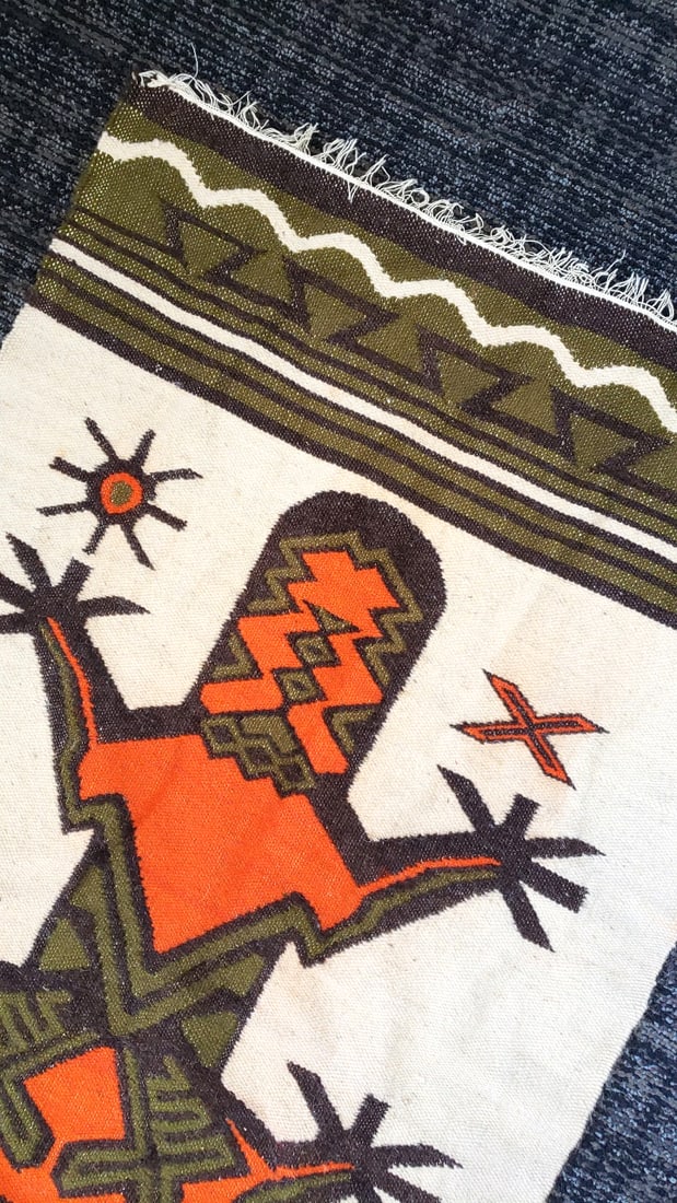 Woven Textile Tapestry Rug Orange Olive Black Frog Motif with Fringed Ends Colorbleed - 3