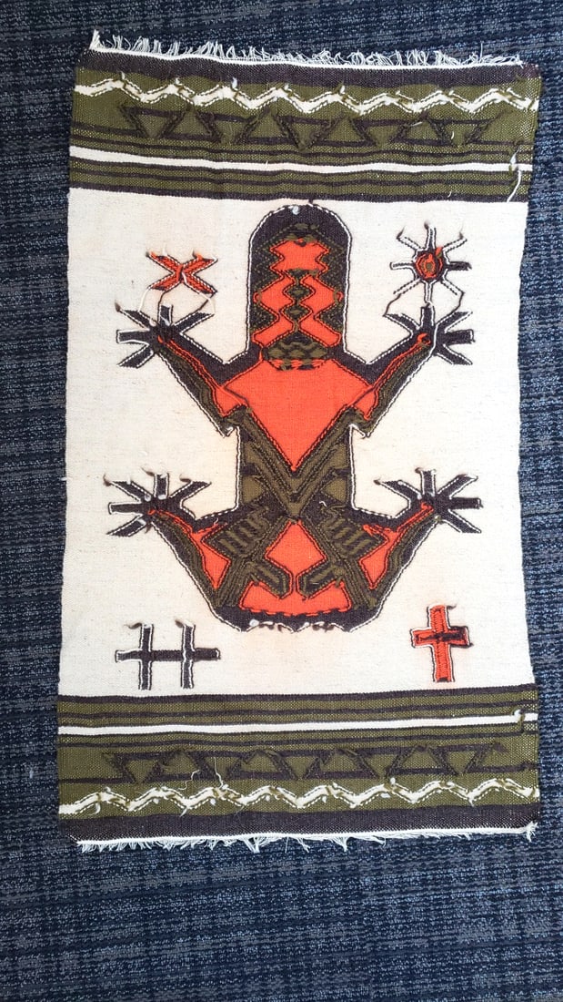 Woven Textile Tapestry Rug Orange Olive Black Frog Motif with Fringed Ends Colorbleed - 4