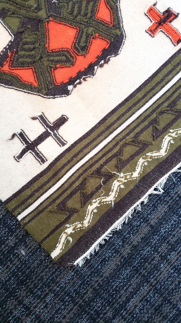 Woven Textile Tapestry Rug Orange Olive Black Frog Motif with Fringed Ends Colorbleed - 5